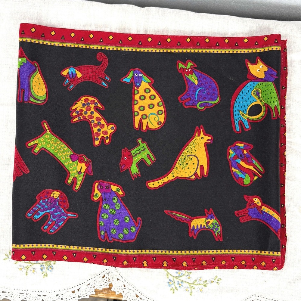 Laurel Burch Silk Scarf Black Colorful Whimsical Stylized Dogs Artistic Square